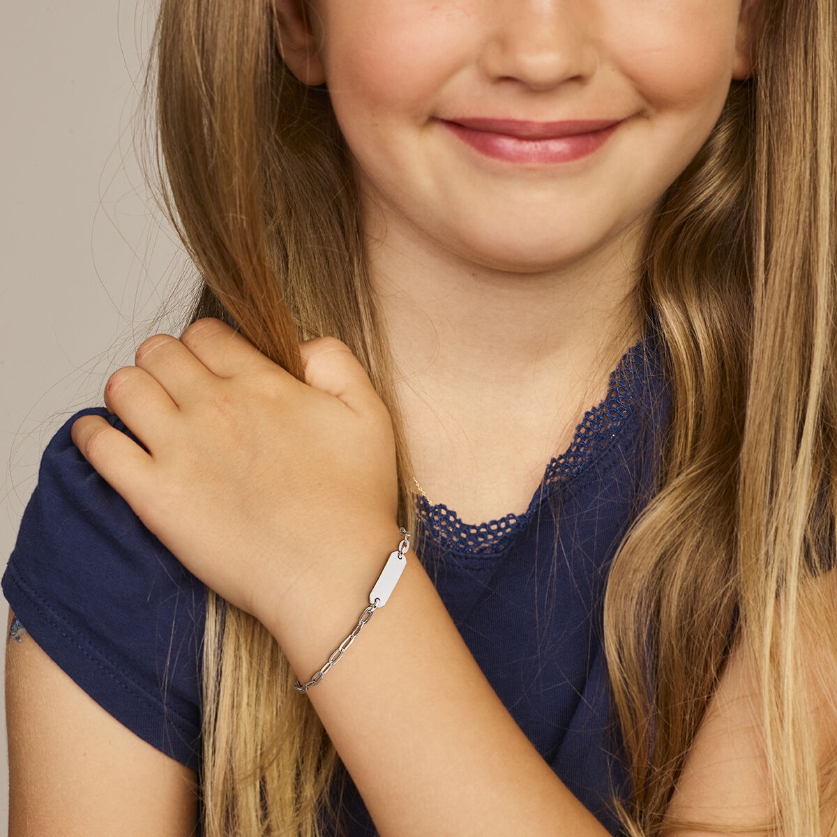 Pulsera infantil de plata paperclip tubo plano placa 5,0 mm rodiada