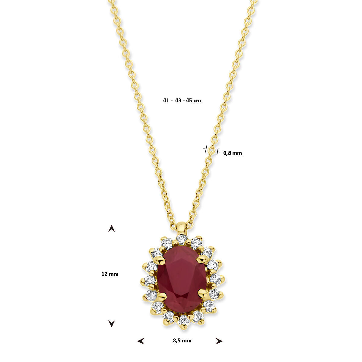collier robijn en diamant 0.12ct h si 41 - 43 - 45 cm halo 14K geelgoud