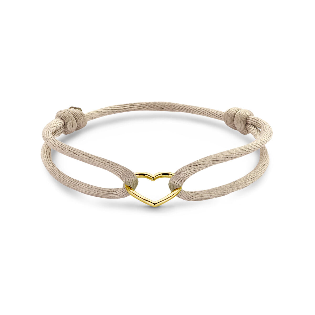 Pulsera de satén beige con corazón dorado de 14K y detalles en goma/nylon/cuero.