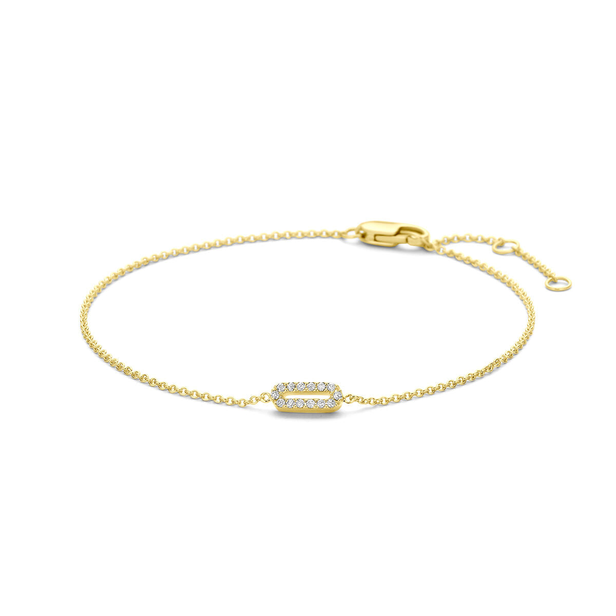 Pulsera de dama en oro amarillo de 14k con un detalle de diamantes brillantes.