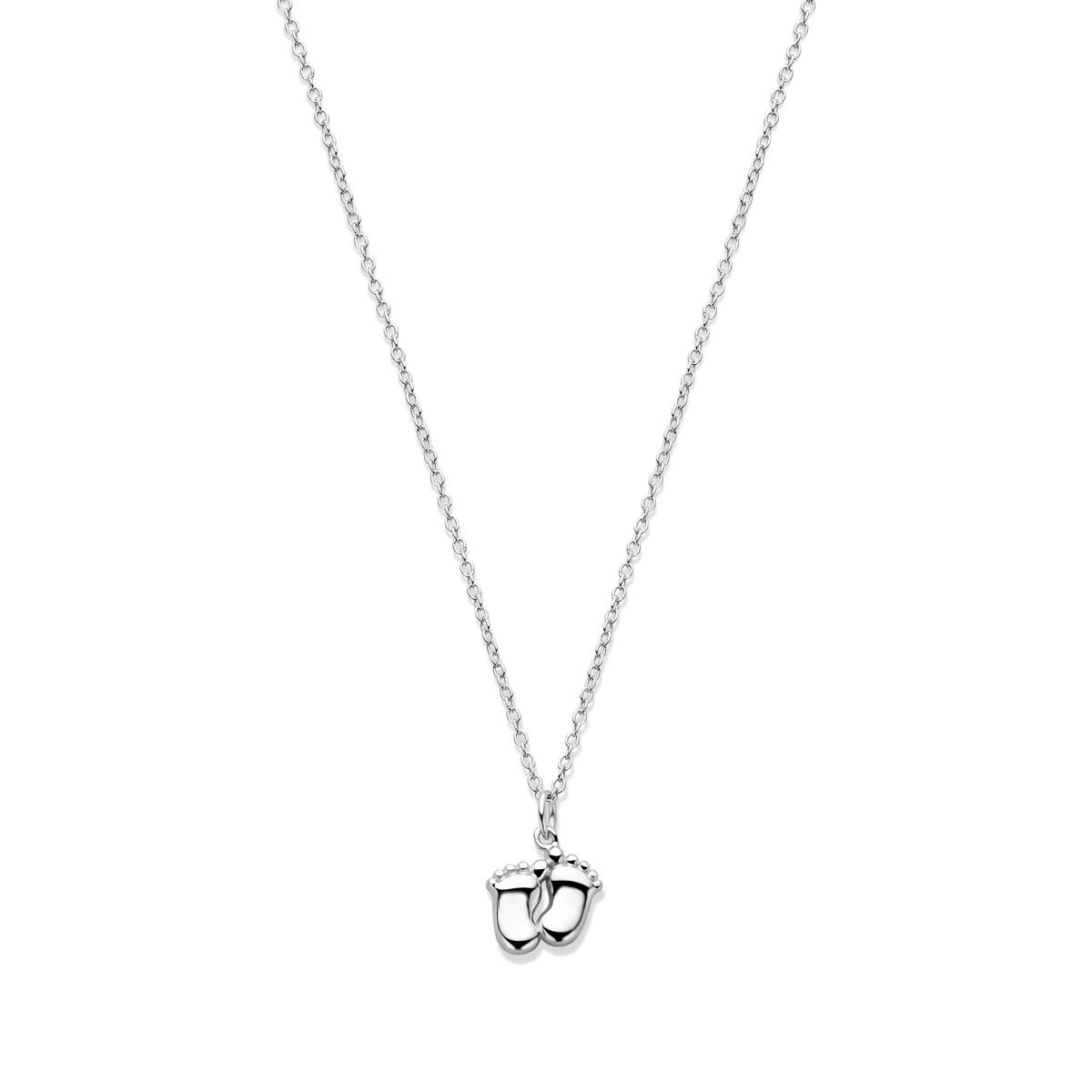 Collar de plata rodiada con colgante de huellitas de bebé, cadena fina y longitud ajustable.