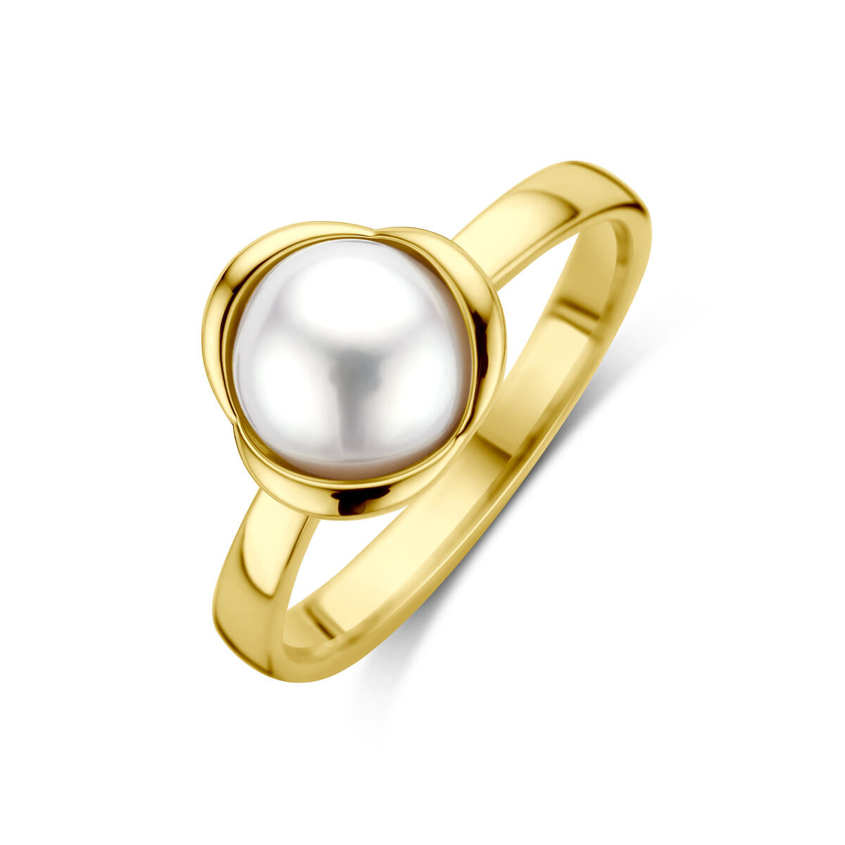 Anillo de tulipán en oro amarillo de 14 quilates con una perla blanca en el centro.