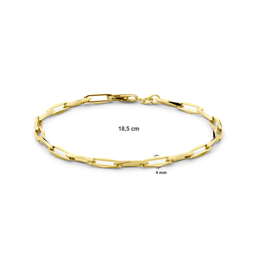 De armband gesloten voor altijd 4,0 mm massief 14K geelgoud van de Van der Kooij Collectie is een elegante damesarmband met paperclip schakel. Lengte: 18,5 cm, breedte: 4 mm. De goudkleurige schakels liggen plat op een witte achtergrond.