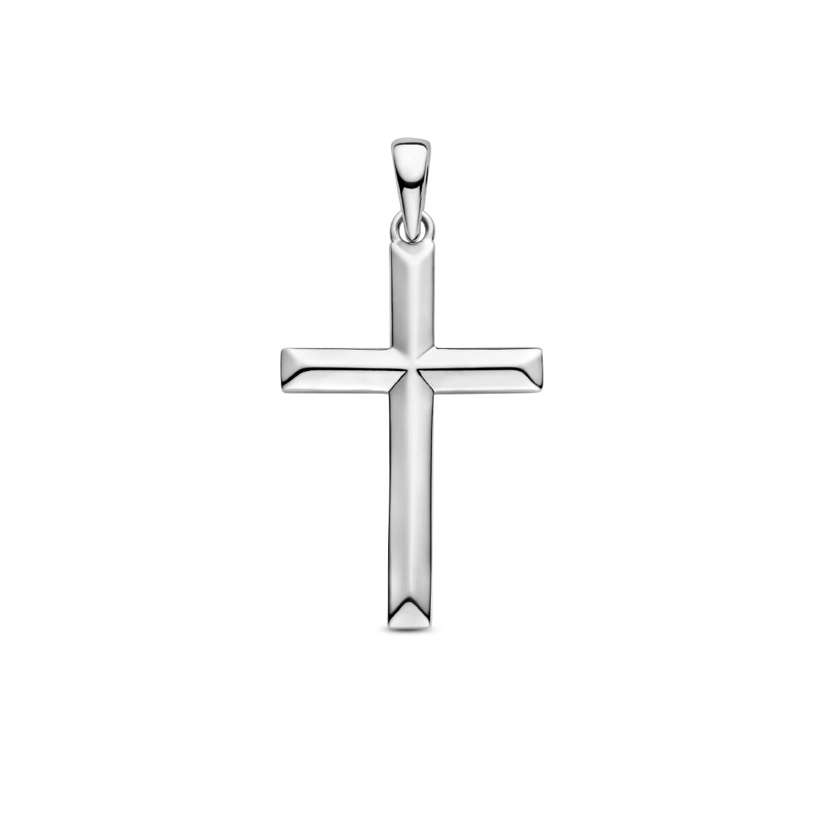 De hanger kruis zilver gerhodineerd van de Van der Kooij Collectie is gemaakt van 925 zilver met een gladde, gepolijste afwerking en spitse uiteinden, afgebeeld tegen een witte achtergrond.