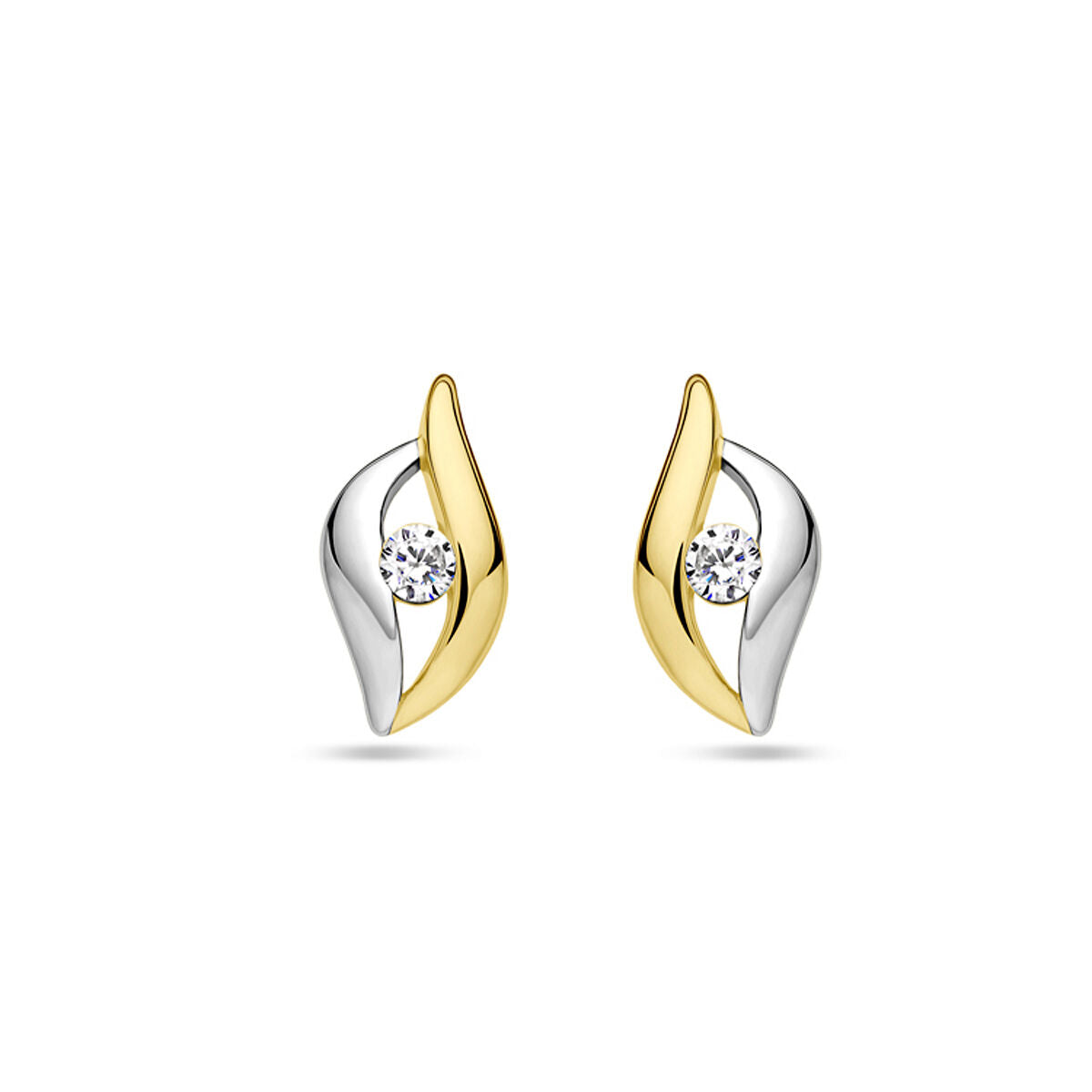 Pendientes de zircónia con diseño en plata dorada y plateada, con un brillante en el centro.