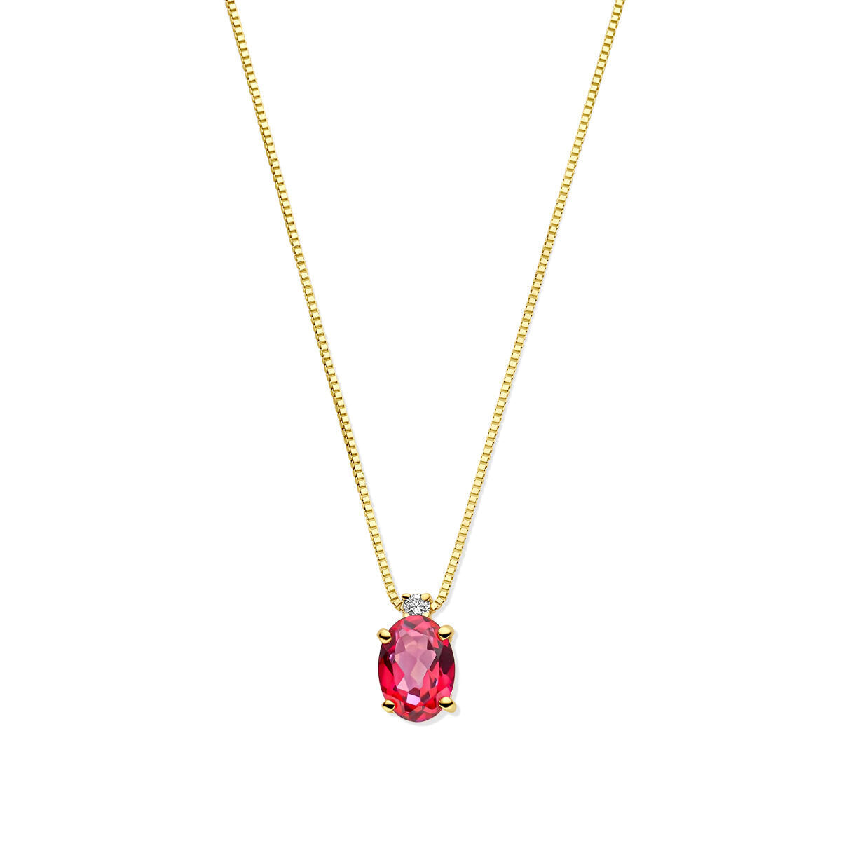 Cadena dorada con topacio rosa y diamante en un colgante ovalado.