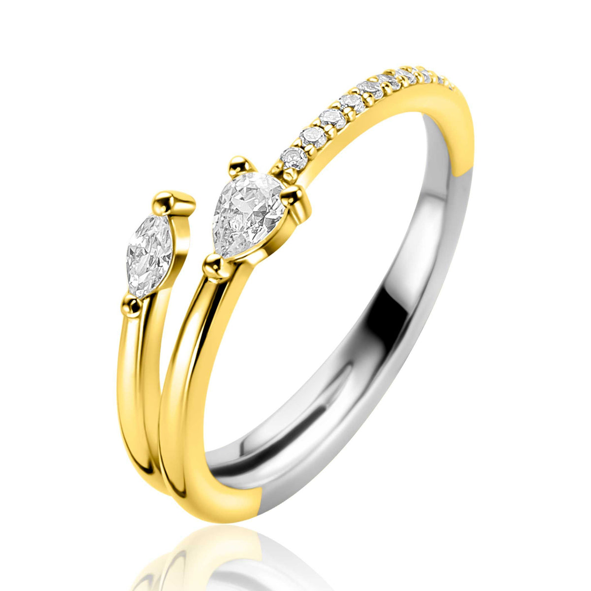 Anillo de plata con detalles en oro y piedras brillantes en forma ovalada.