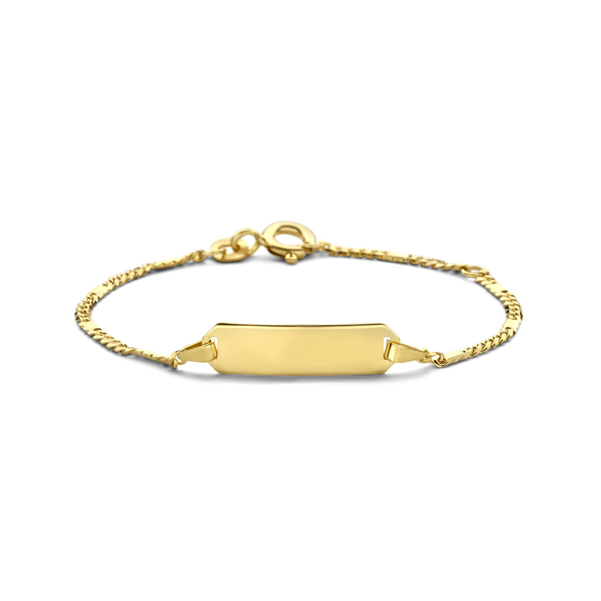 Pulsera de 14K en oro amarillo con placa grabable de 5,5 mm y cadena trenzada.