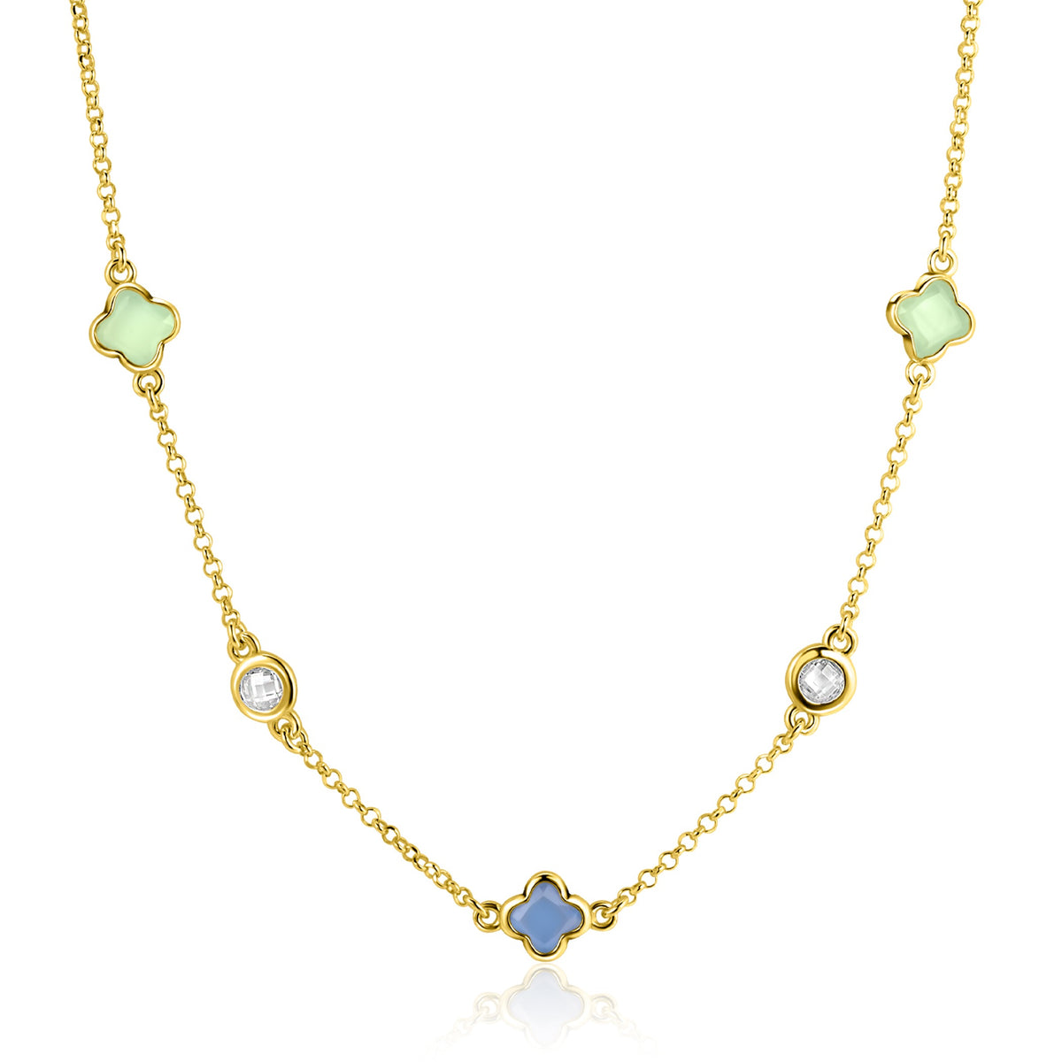 Collar dorado con motivos en forma de flor y piedras de colores.