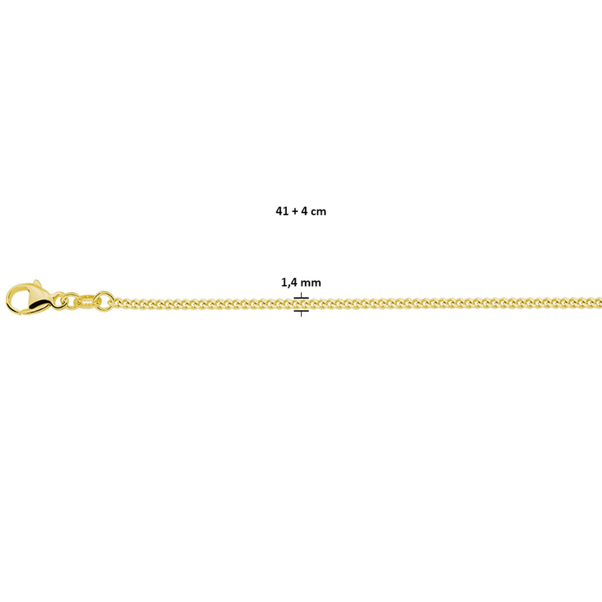 collar gourmette 4 lados pulidos 1,4 mm 41 + 4 cm 3 micrones plata chapado en oro amarillo