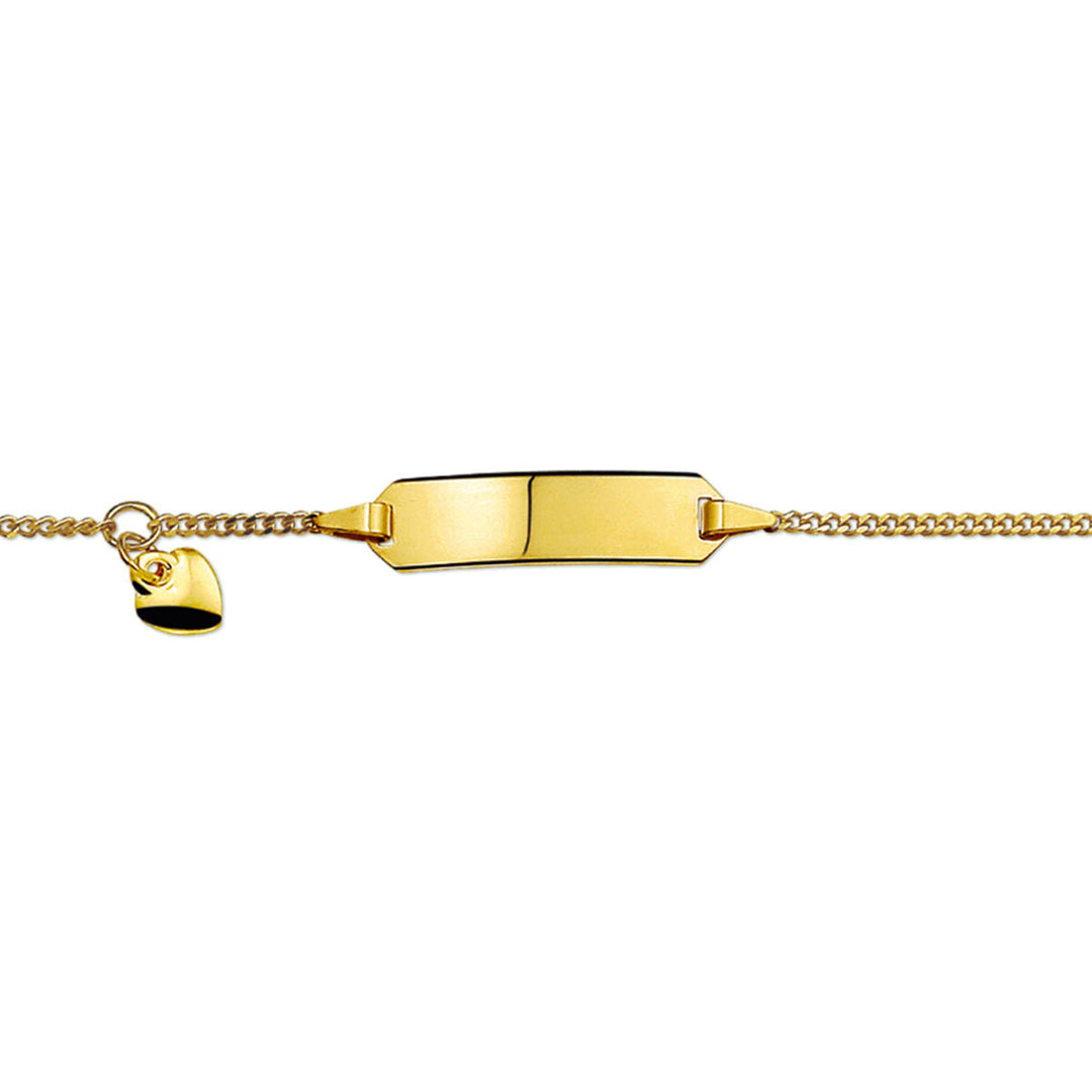 De Van der Kooij Collectie Baby armband goud hart gourmette plaat 5,0 mm 14K is een unisex 14K geelgouden armband met een plat graveerbaar plaatje en een kleine hart bedel aan de linkerkant van de ketting.