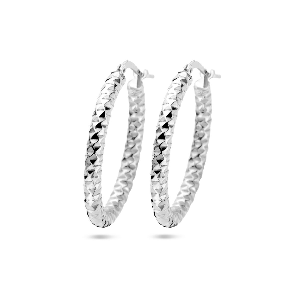 Pendientes de aro de 3,0 mm en plata rhodium, con acabado diamante y forma redonda.