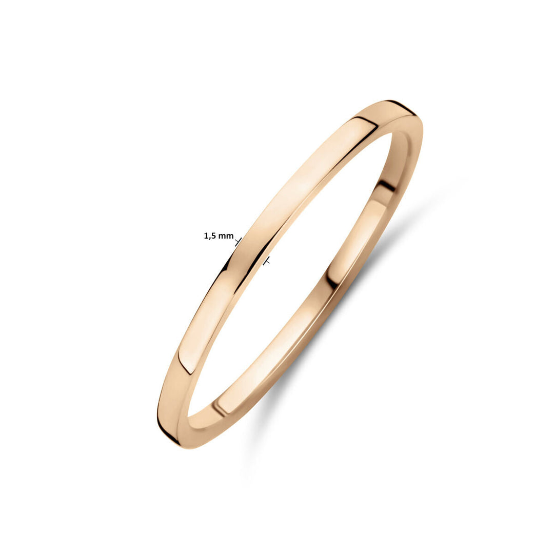 De Van der Kooij Collectie ring 14K roségoud is een dunne, gepolijste damesring met een glad oppervlak en een delicate breedteband van 1,5mm, afgebeeld op een witte achtergrond.
