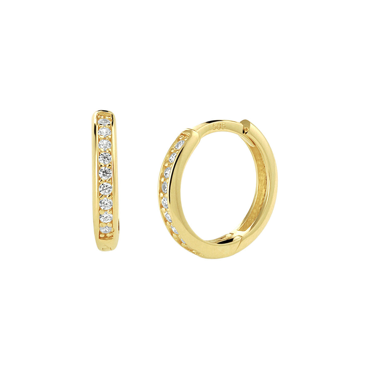 Aros de oro con circonitas brillantes en un lado.