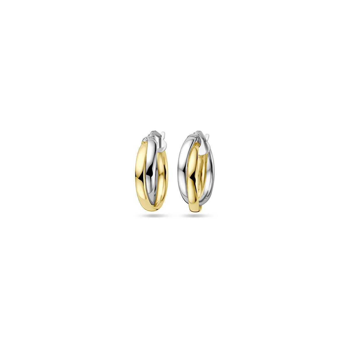 Aros de plata de 1 micrón con baño de oro amarillo y rodio, con forma ovalada y acabado brillante.