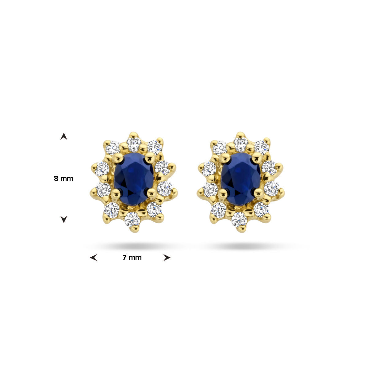 pendientes de botón zafiro y circonita halo 14K oro amarillo