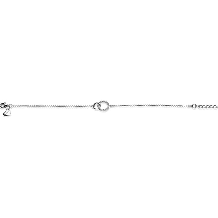 De Zinzi Armband Zilver Zia1782 toont twee in elkaar grijpende cirkelbedels met fonkelende stenen. Deze elegante armband van Zinzi bevat een verstelbare ketting en een klein hartjesbedeltje bij de sluiting, ideaal voor liefhebbers van wit armbanden.