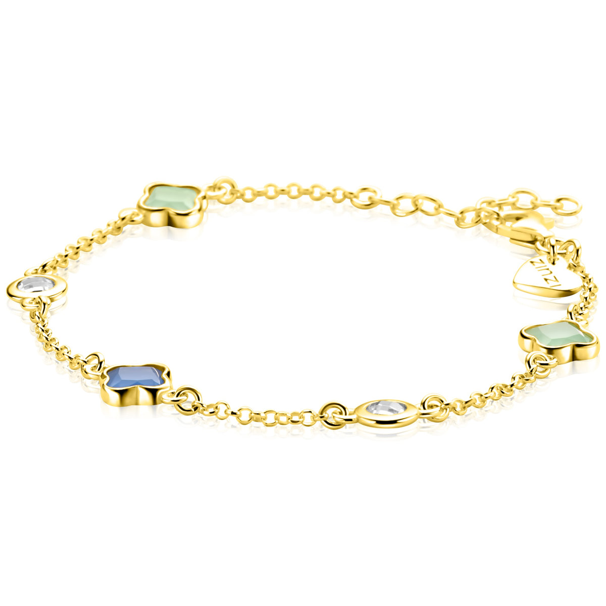 Pulsera dorada con detalles en forma de óvalo y cuadrado en colores verde, azul y blanco.