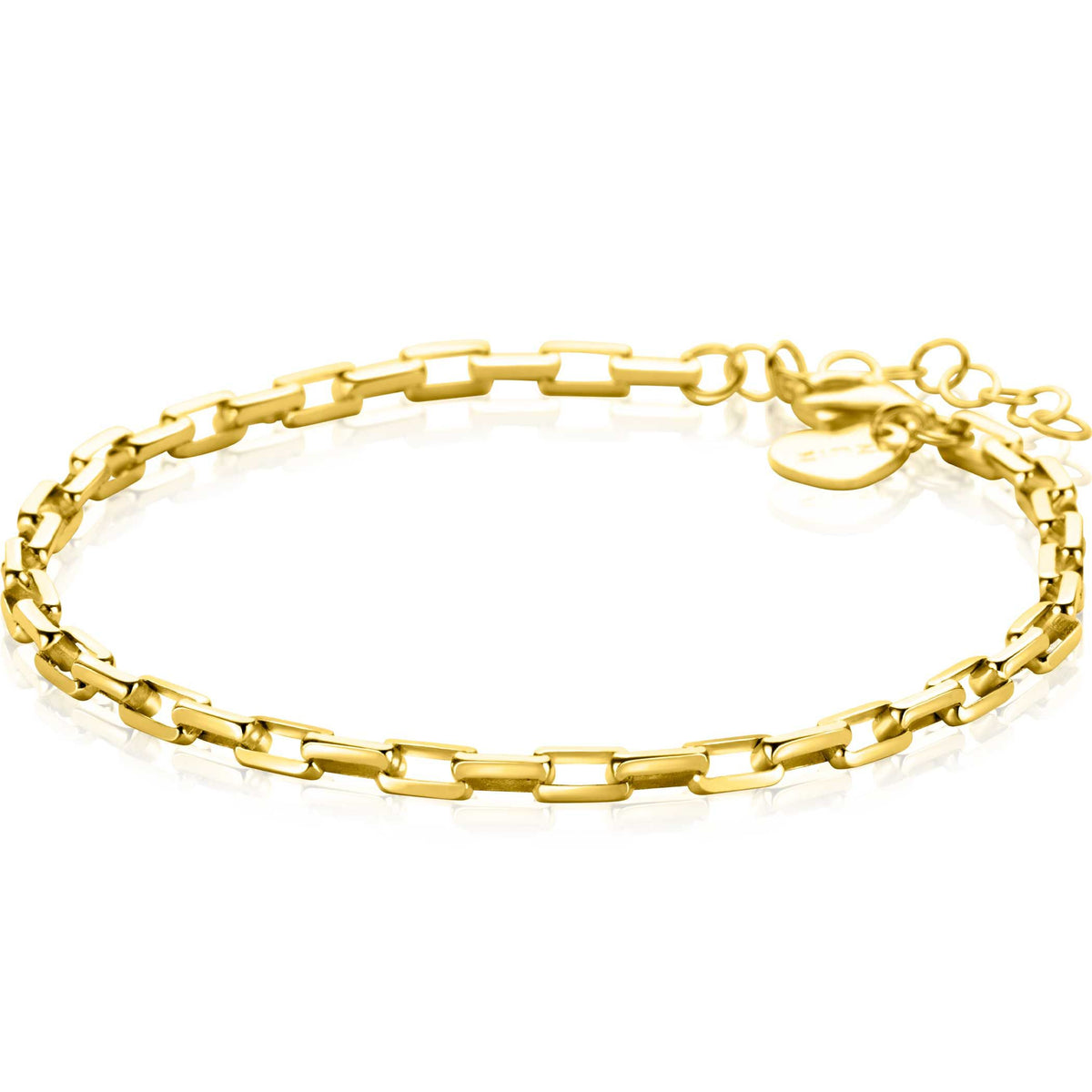 Pulsera de eslabones dorada con acabado en oro, diseño moderno y cierre de langosta.