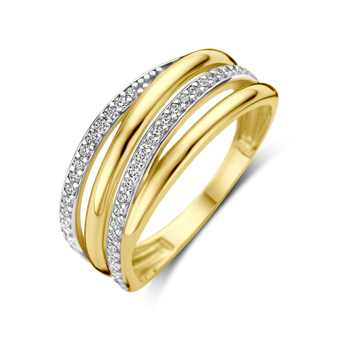 Anillo bicolor de 14K con zircón en la parte plateada y acabado pulido en la parte dorada.