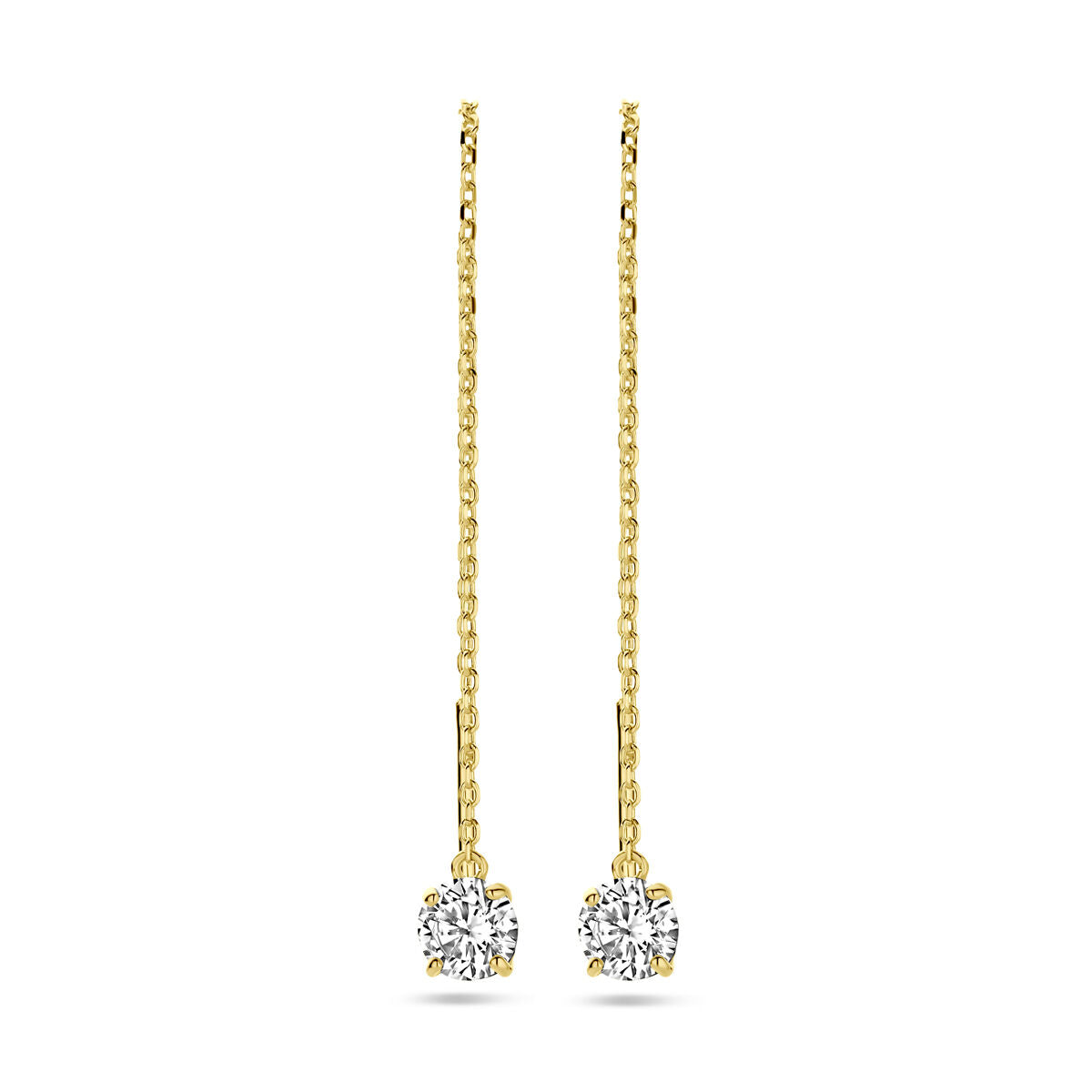Pendientes largos de zircón en oro amarillo de 14K con un diseño delicado y brillante.