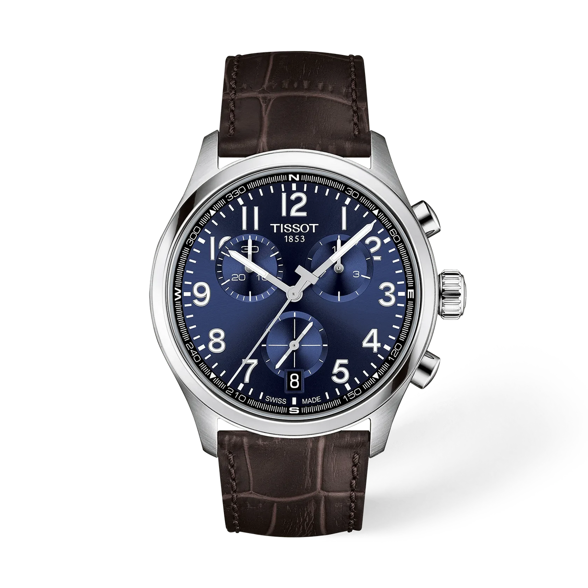 Reloj Tissot Chrono de 42 mm con esfera azul, correa de cuero marrón y detalles plateados.