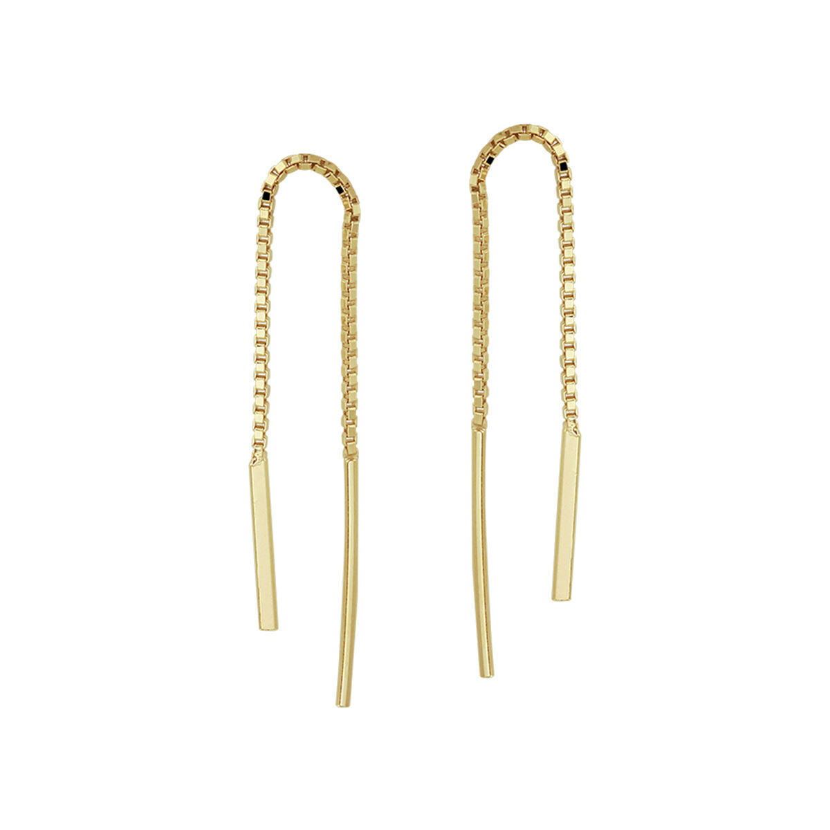 Pendientes largos de oro amarillo con barra, diseño minimalista y acabado brillante.