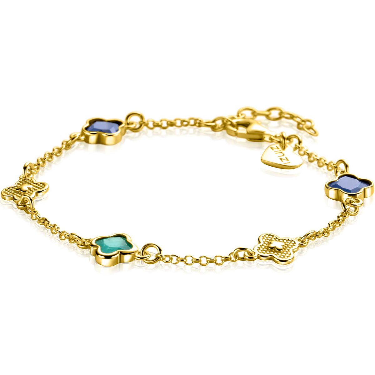Pulsera de plata bañada en oro con seis charms de colores en forma de flor.