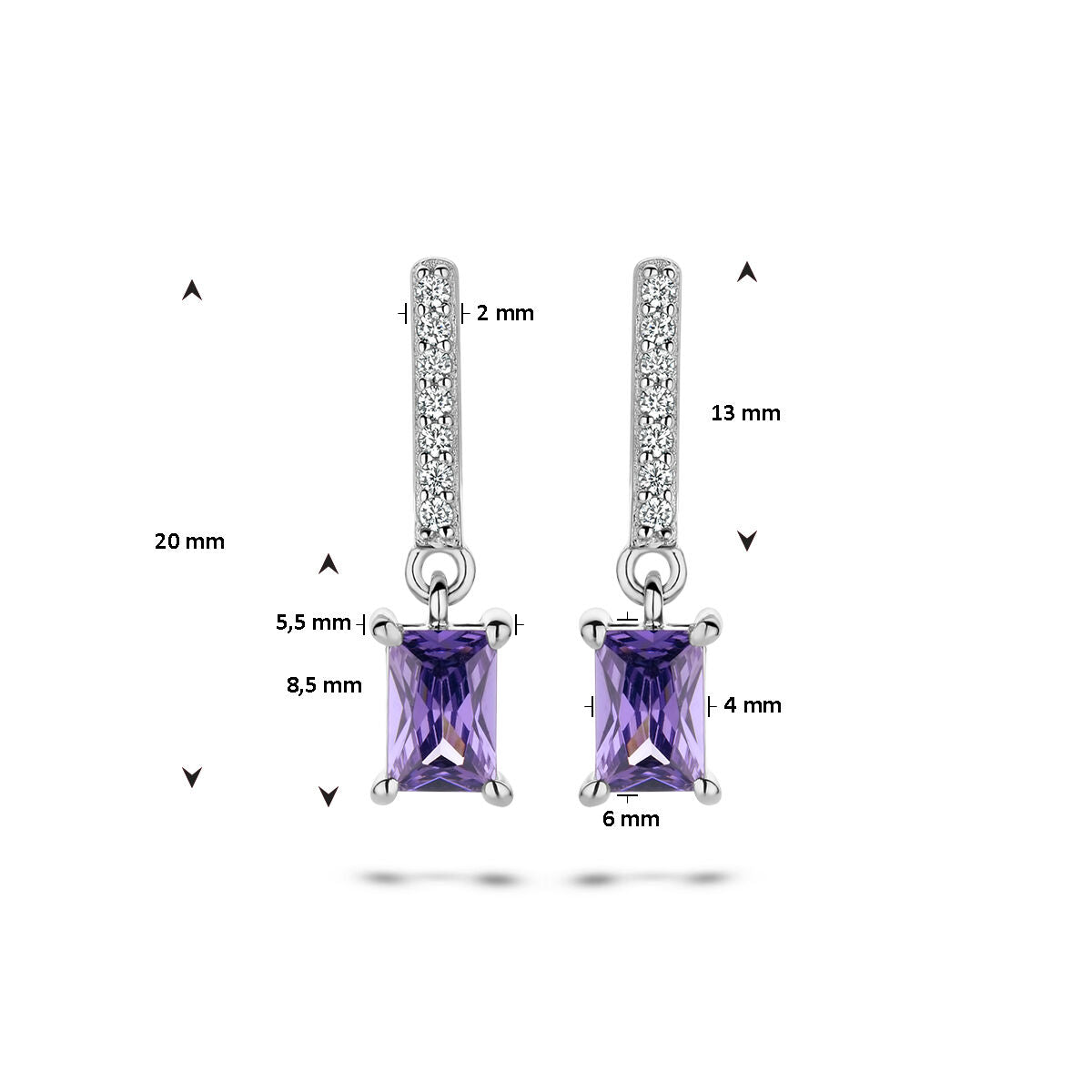 pendientes de color amatista y circonitas blancas en plata rodiada
