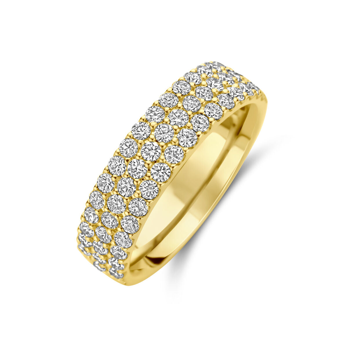 Anillo de oro amarillo de 14K con diamantes de 1.13 ct en un diseño pavé.