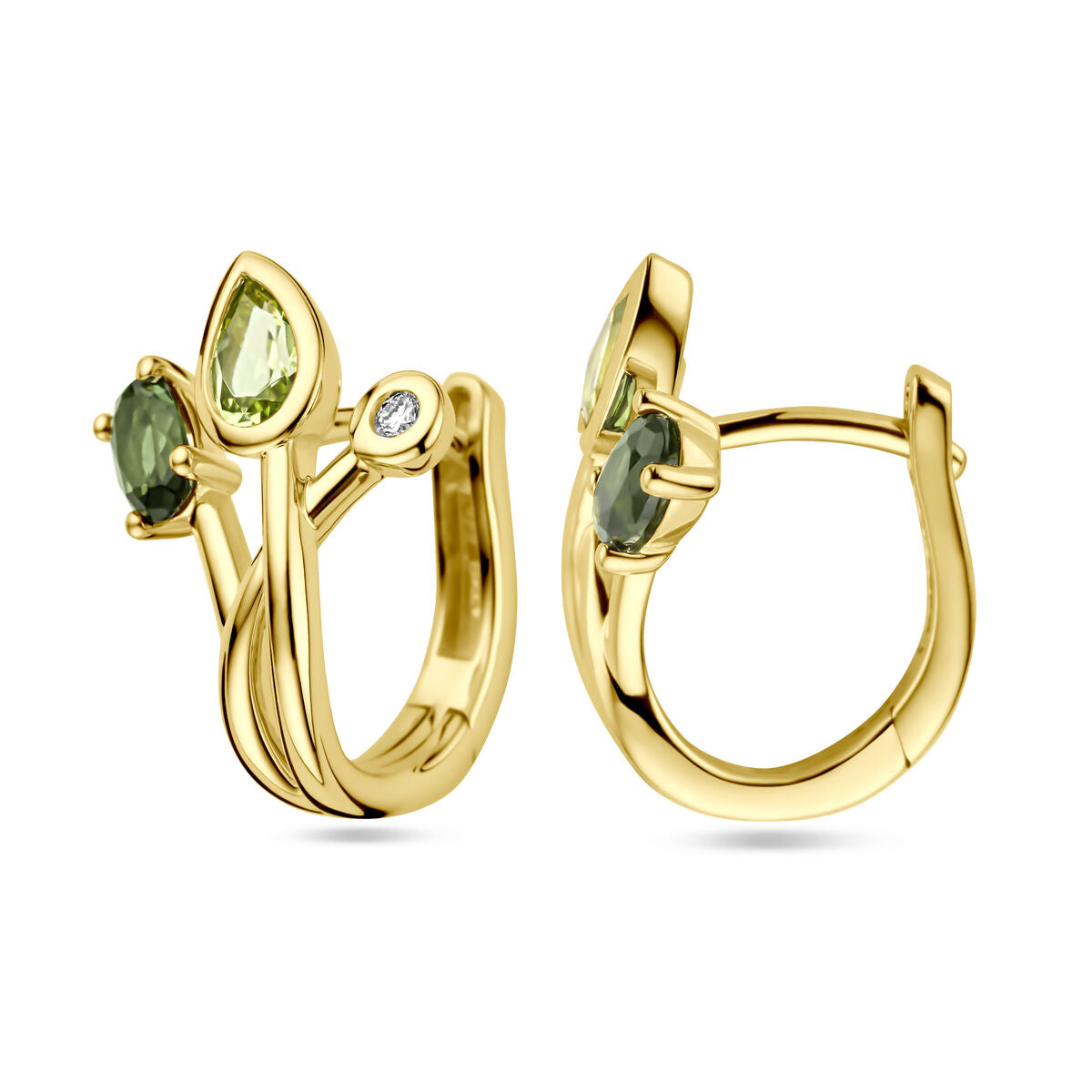 aros de toermalina verde, peridoto y diamante 0.03ct (2x 0.015ct) h si oro amarillo de 14K