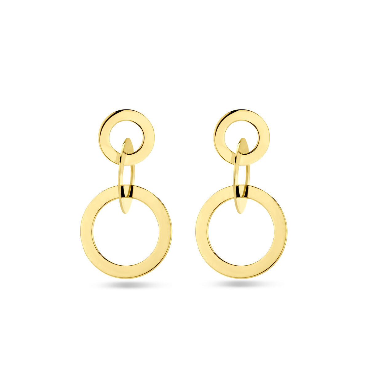 Pendientes largos de círculos en oro amarillo de 14 quilates.