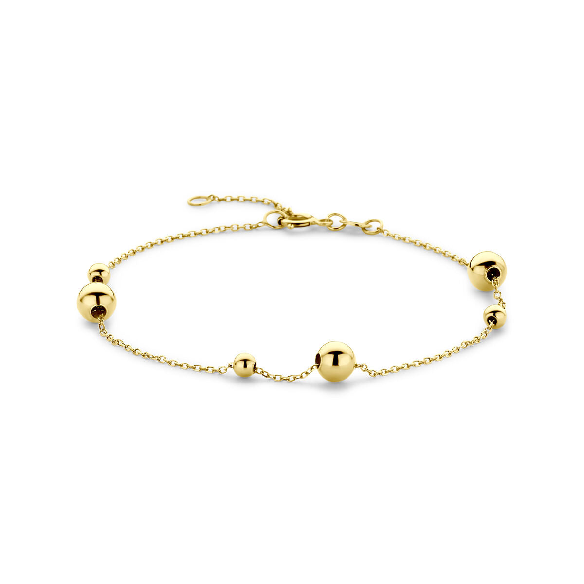 Pulsera de bolitas de 14K en oro amarillo, con eslabones delicados y bolas brillantes.