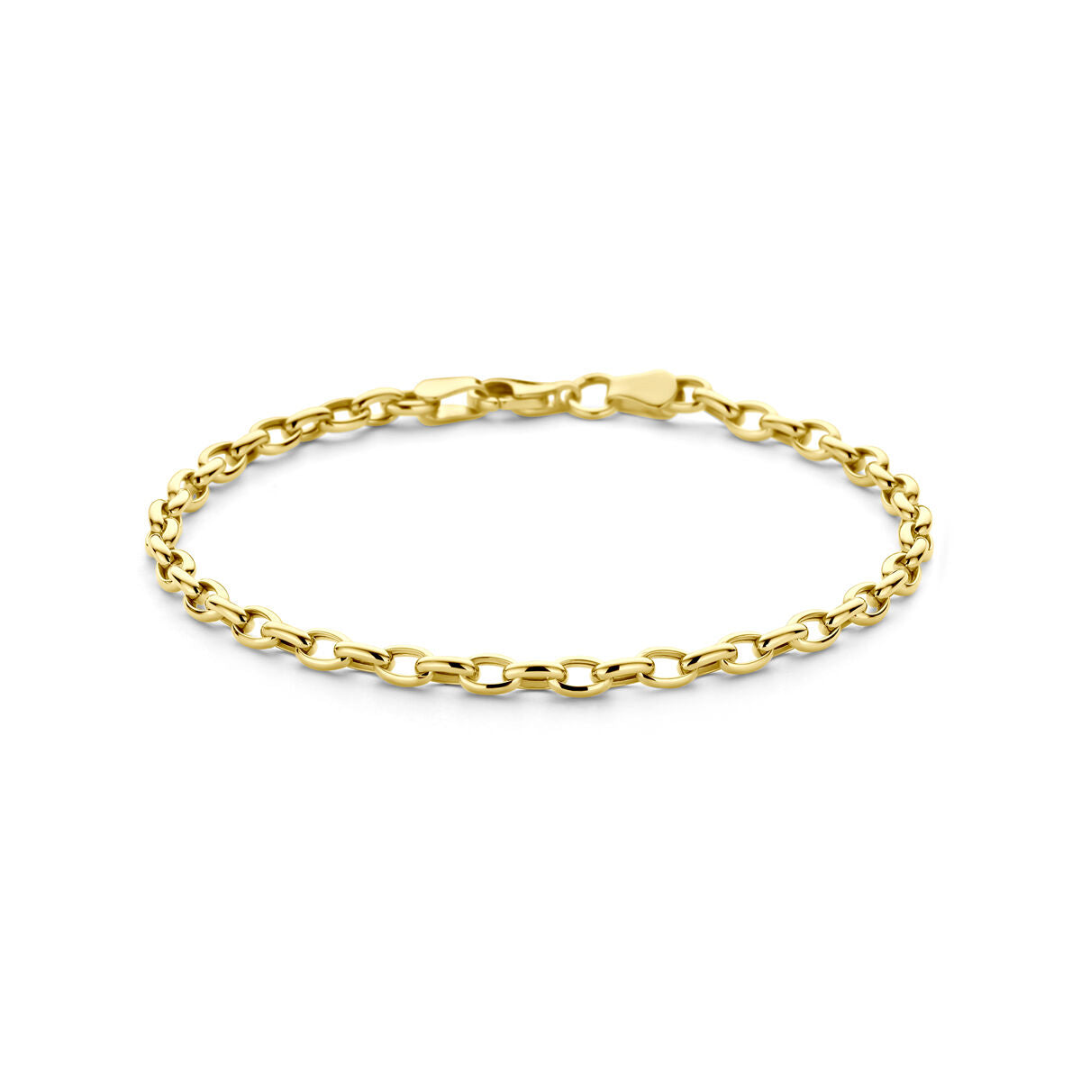 Pulsera dorada de ancla en oro de 14 quilates con eslabones intercalados.
