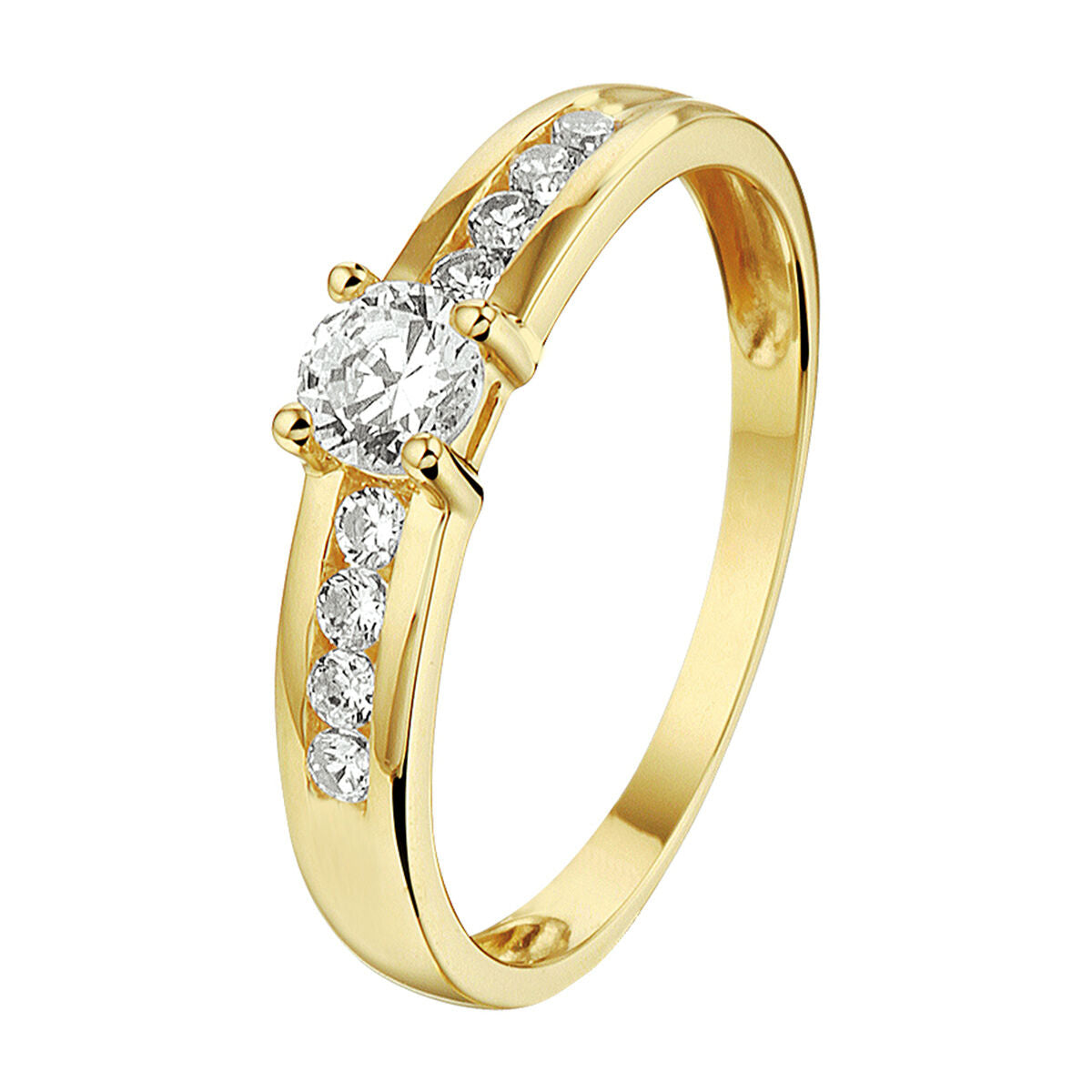 Anillo de oro amarillo de 14K con circonitas brillantes en el engaste.