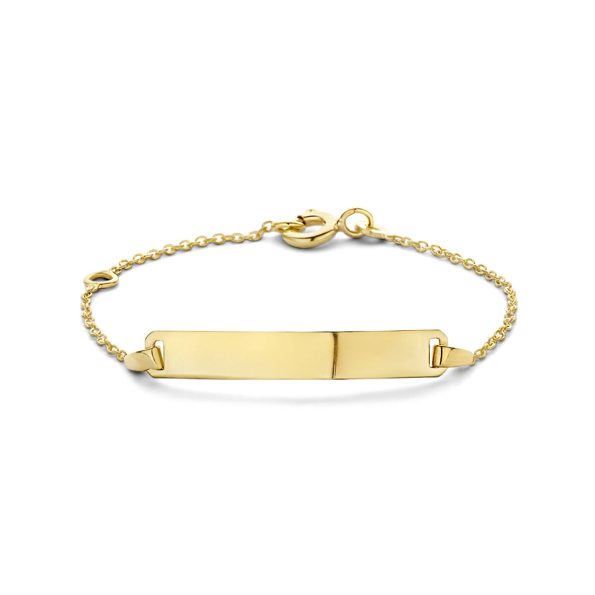 Pulsera de grabado de 9 quilates con placa rectangular de 4,0 mm y cadena dorada.