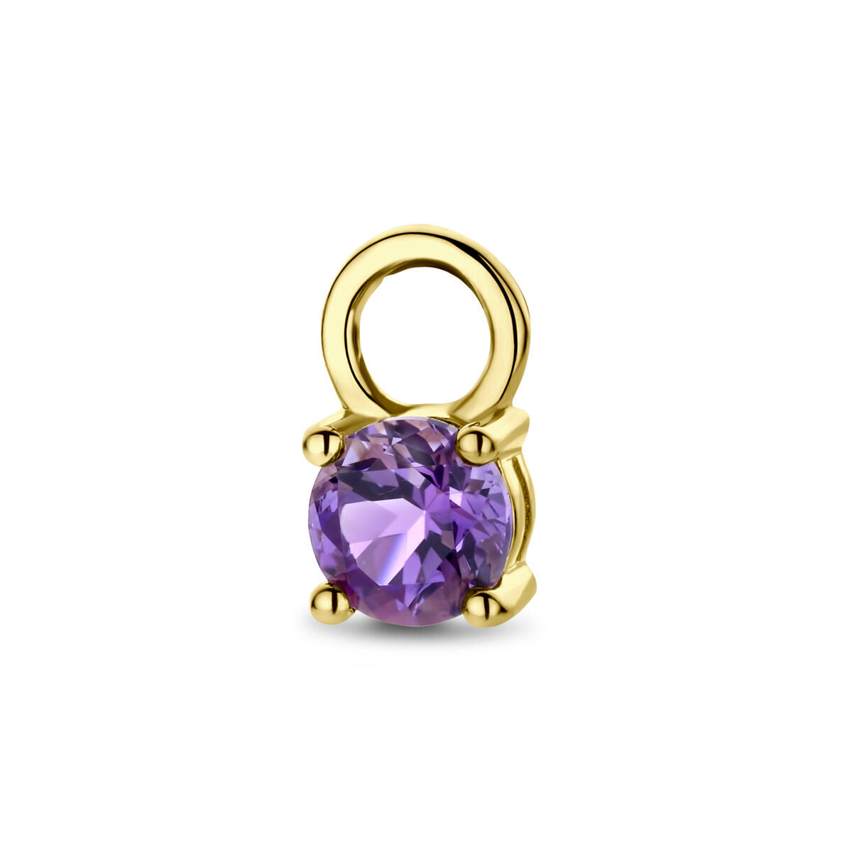 Colgante de oro amarillo de 14K con una piedra de amatista redonda y brillante.