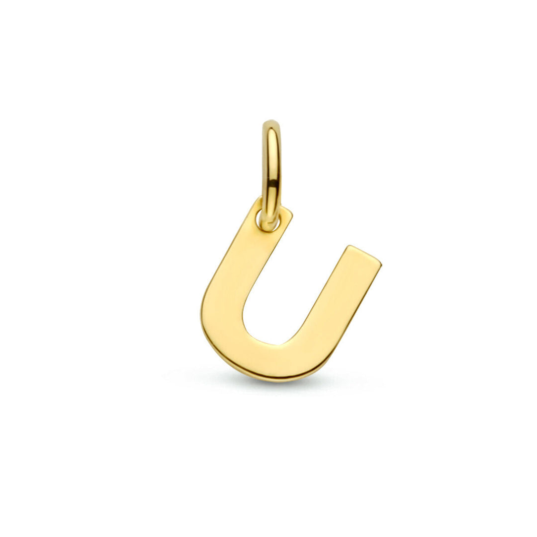De Van der Kooij Collectie hanger letter 14K geelgoud is een gepolijste geelgouden U-vormige hanger met een cirkelvormig oog, ideaal om te combineren met andere Van der Kooij letterhangers, afgebeeld op een effen witte achtergrond.