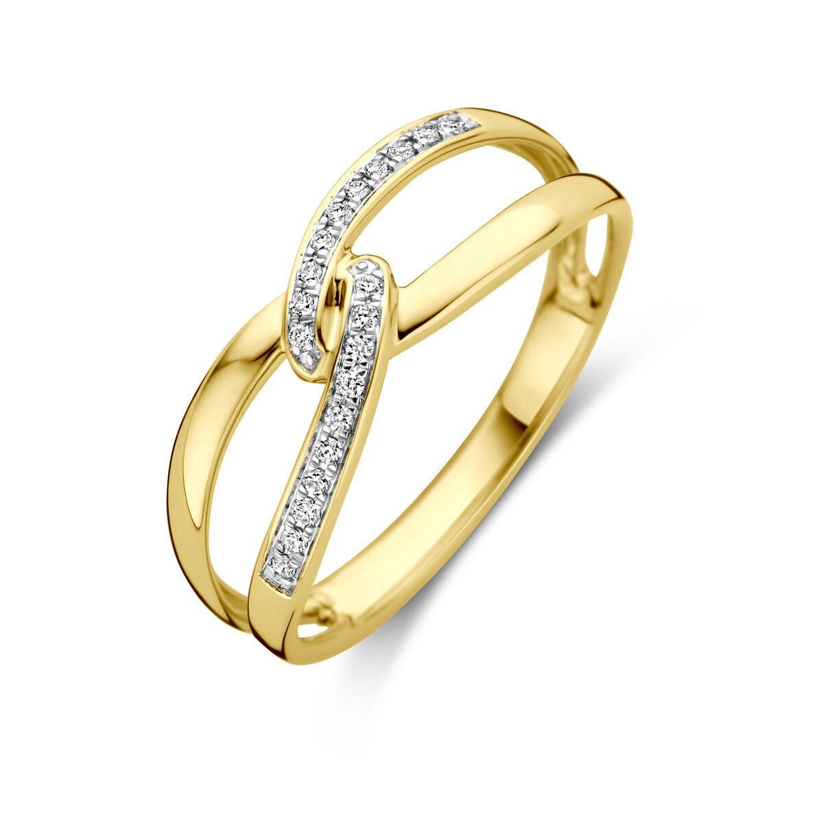 Anillo de oro amarillo de 14 quilates con diamantes de 0.06 ct en un diseño entrelazado.