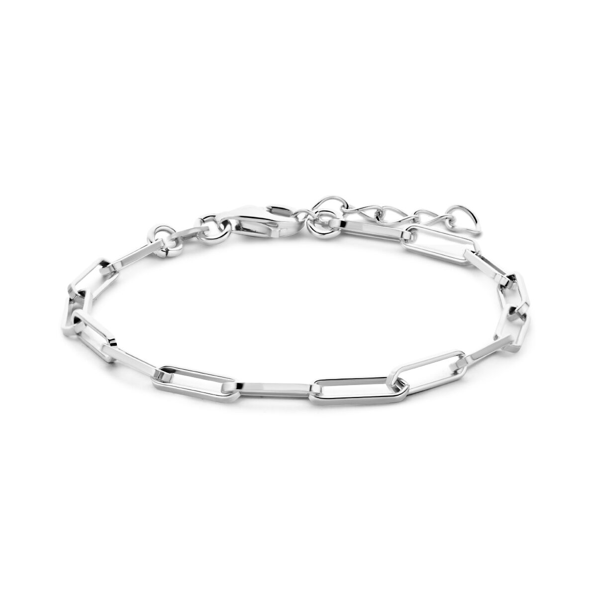 Pulsera de eslabones en forma de clip de papel, color plata, con acabado rodiado y longitud ajustable.