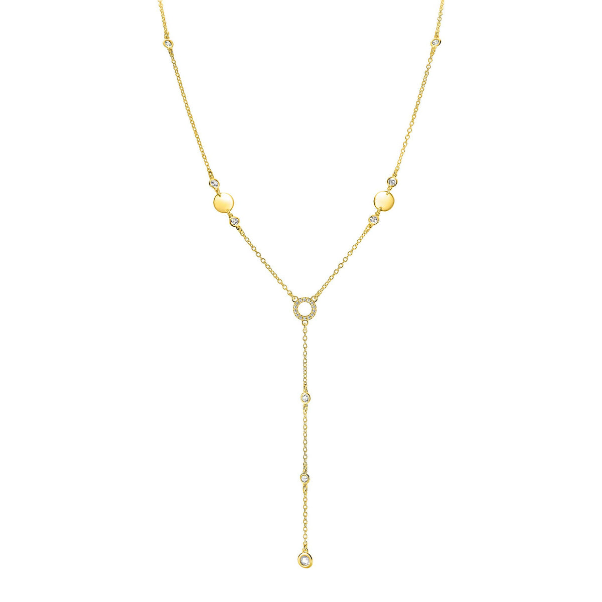 Collar Y dorado de 45 cm con circonitas blancas y detalles en forma de esferas.