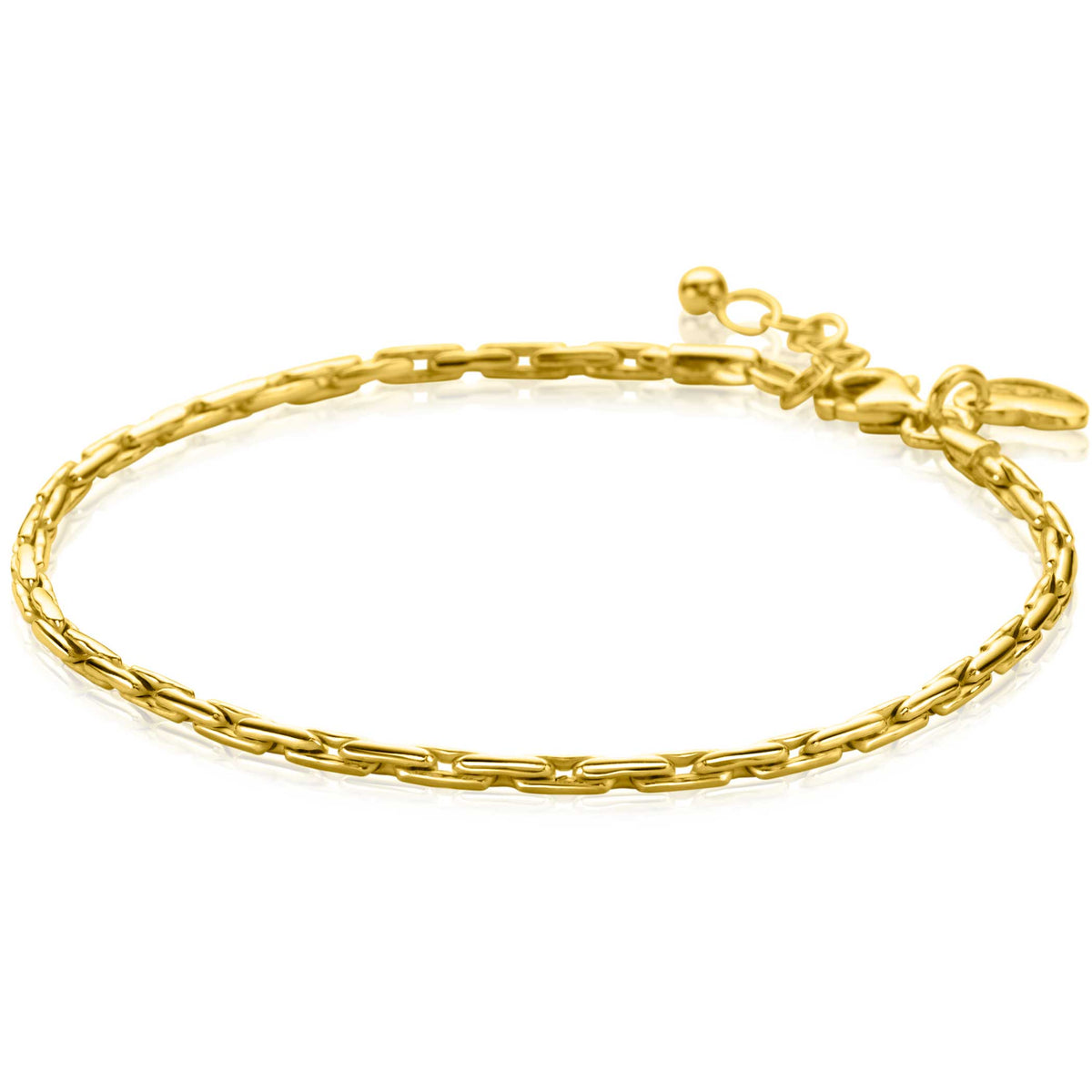 Pulsera de eslabones dorada con cierre de mosquetón y longitud ajustable de 18 a 21 cm.