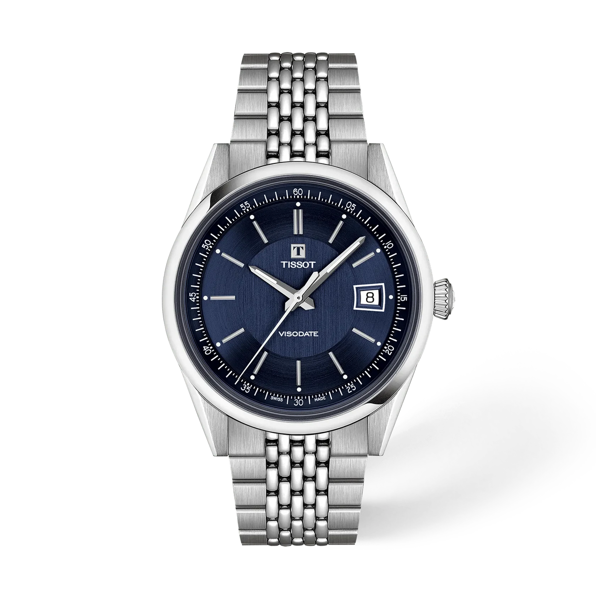 Reloj Tissot Visodate de 39 mm con esfera azul, correa de malla de acero inoxidable y detalles plateados.