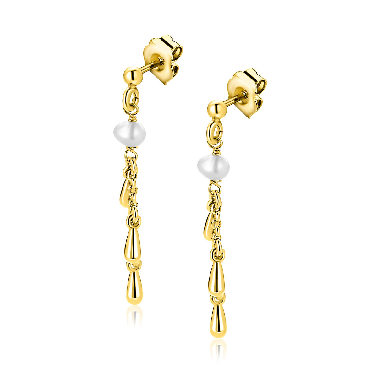Pendientes largos de oro con perlas y detalles en forma de gota.