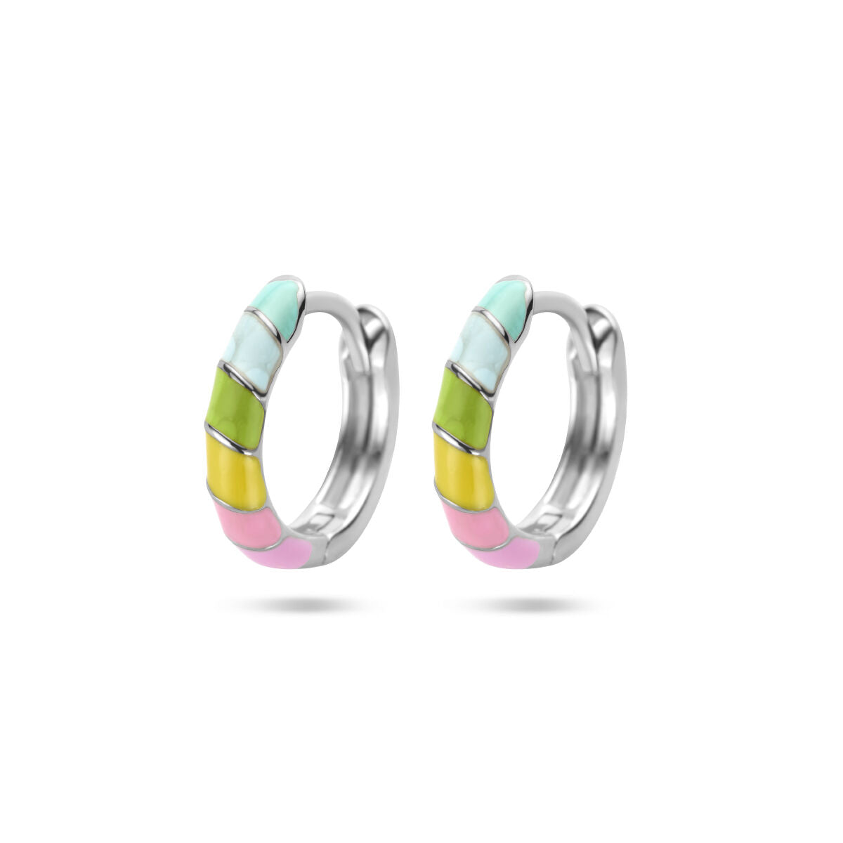 Aros de email en plata rodiada con colores pastel en forma de segmentos.