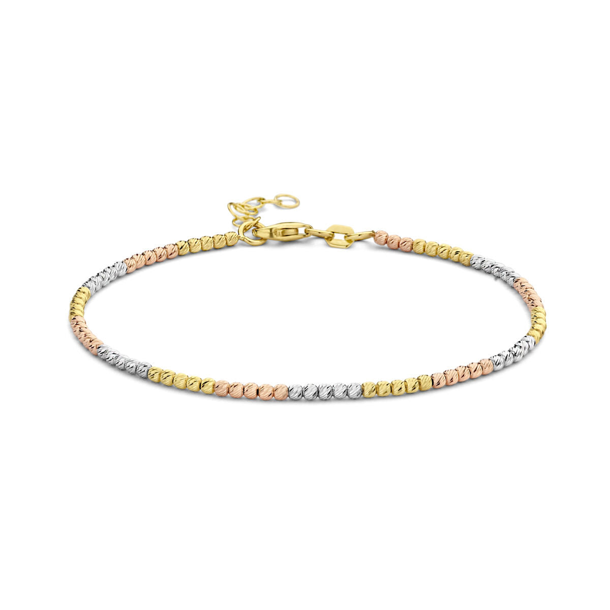 Pulsera de bolitas de oro de 14K tricolor, con acabado diamantado y cierre de langosta.
