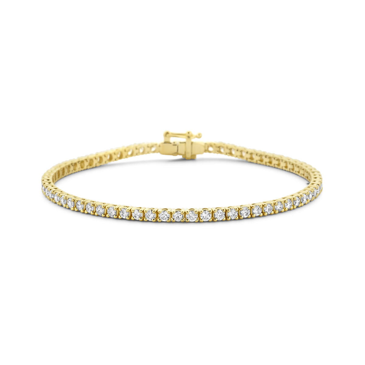 Pulsera de tenis de diamantes cultivados en laboratorio de 3.00 ct, en oro amarillo de 14K, de 2,7 mm de ancho y 17,5 cm de largo.