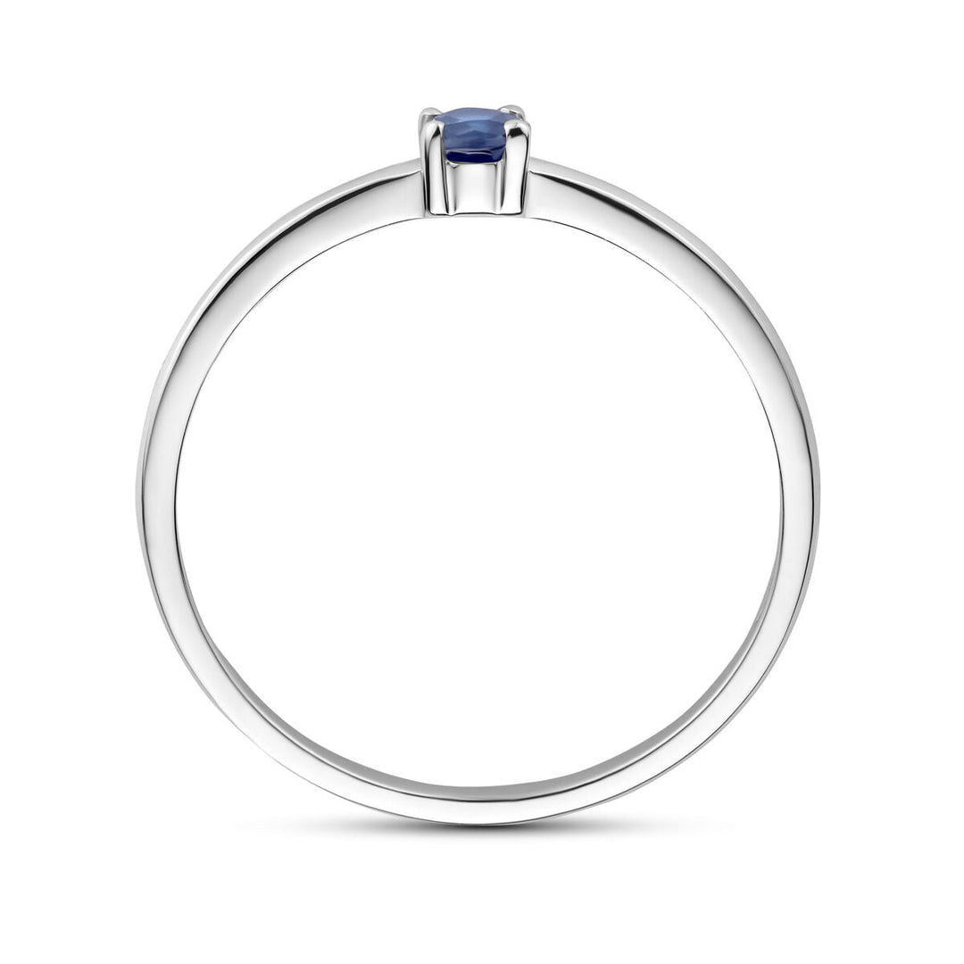 Een gerhodineerde zilveren ring met september geboortesteen saffier van Van der Kooij Collectie, in zijaanzicht tegen een witte achtergrond.