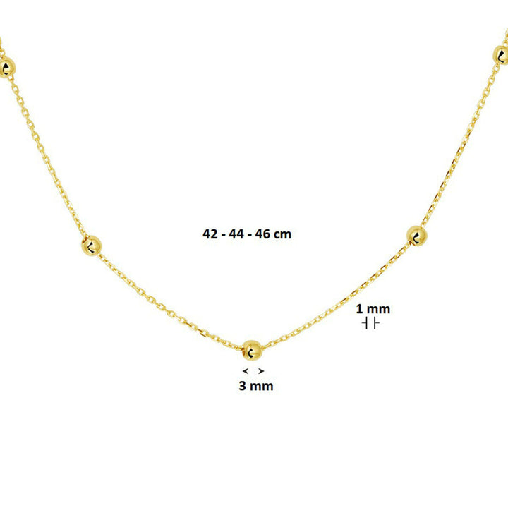 Het Van der Kooij Collectie collier anker en bolletjes 1,0 mm van 14K geelgoud heeft kleine ronde kralen (3 mm) en is verstelbaar op 42, 44 of 46 cm. Een elegant sieraad, perfect als cadeau voor elke gelegenheid.