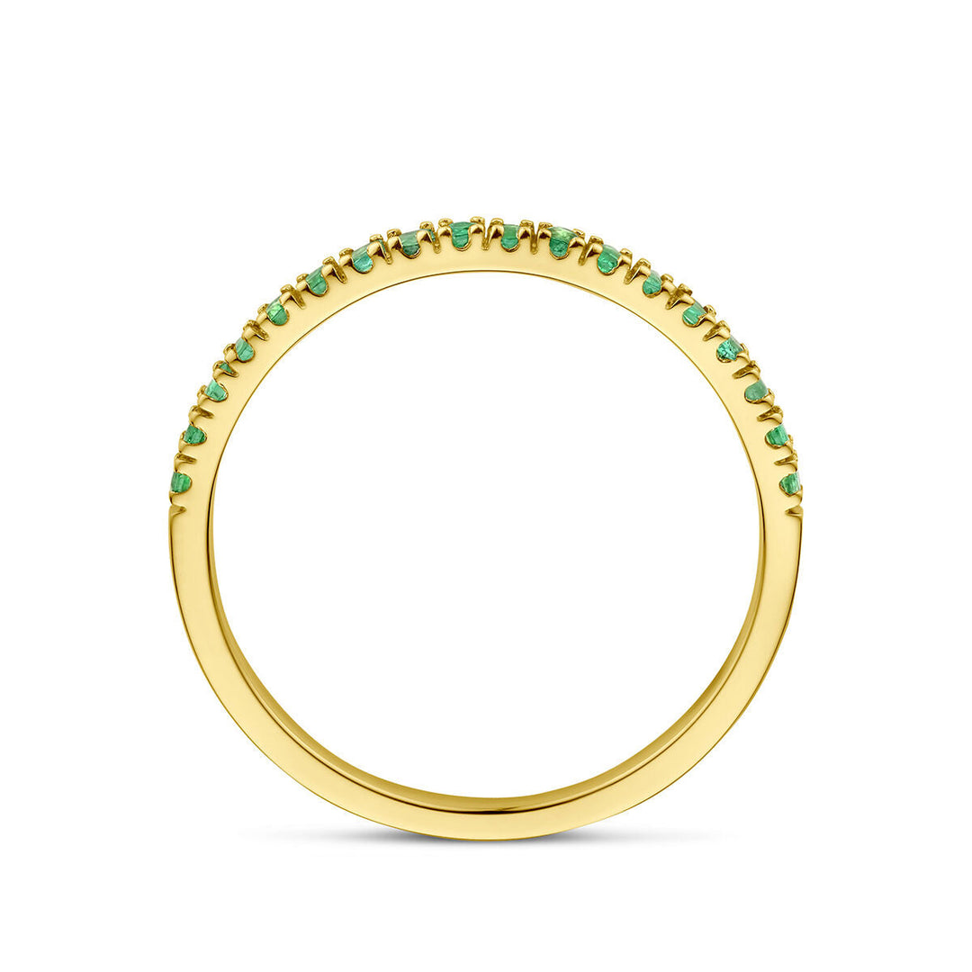 De Van der Kooij Collectie ring met geboortesteen smaragd mei in 14K geelgoud is een delicate band versierd met kleine groene edelstenen langs de bovenzijde, stijlvol gepresenteerd tegen een witte achtergrond.